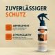 Imprägnierspray für Funktionskleidung, mit einer Sprühflasche, die Text hervorhebt: "Zuverlässiger Schutz," "Abperleffekt," und "Atmungsaktiv."