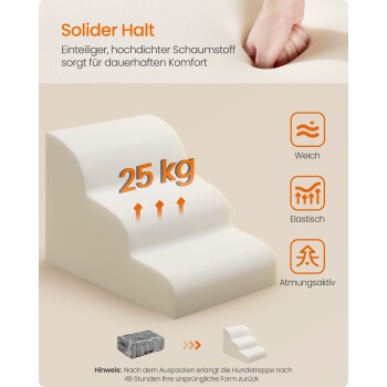 Schaumstoff-Hundetreppen in Beige mit '25 kg'-Label; deutscher Text: 'Solider Halt', Symbole und die Wörter 'Weich, Elastisch, Atmungsaktiv'.