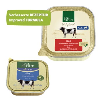 Two Real Nature pet food containers: top labeled "Original" with beef and vegetables, bottom labeled "Adult" with a blue design.