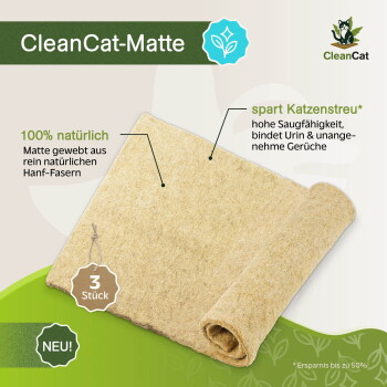 Beige Katzenstreu-Matte aus Hanf (gerollt, 3er-Pack) mit sichtbarem Text: 'CleanCat-Matte'; 100% natürlich; spart Katzenstreu; 3 Stück; NEU!