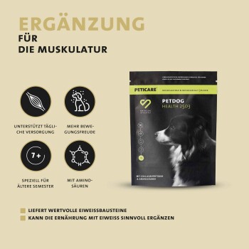Petcare Petdog Health 2503 Ergänzungspulver für Hunde, das Muskelkraft und Mobilität fördert, mit aufgeführten Hauptvorteilen.