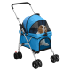 Ein blauer Haustierwagen mit einem Cavalier King Charles Spaniel, der darin sitzt, mit einem Netzoberteil für Belüftung und Sichtbarkeit.