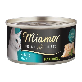 Dosenkatzenfutter von Miamor mit feinen Filets von Huhn und Thunfisch, beschriftet mit "100% Filet" mit einem Bild einer weißen Katze auf der Dose.