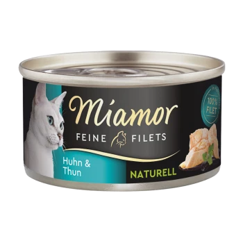 Dosenkatzenfutter von Miamor mit feinen Filets von Huhn und Thunfisch, beschriftet mit "100% Filet" mit einem Bild einer weißen Katze auf der Dose.