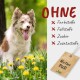 Ein flauschiger Hund sitzt in einem Feld mit gelben Blumen mit "OHNE" und einer Liste von Ausschlüssen: Farbstoffe, Füllstoffe, Zucker, Zusatzstoffe, plus "Natur PUR."