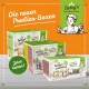 Drei bunte "Betty's Selektion" Haustierfutterboxen, beschriftet #1, #2 und #3, mit Katzen-Geschmacksrichtungen und "Die neuen Probier-Boxen" und "Jetzt testen!"