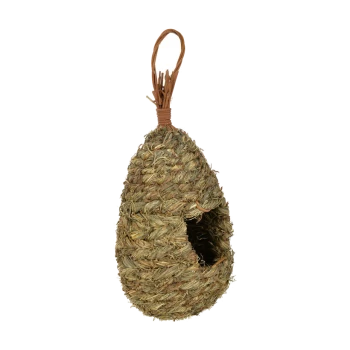 Hanging woven grass pet hideaway in an egg shape, featuring a small entrance and a loop for easy attachment.