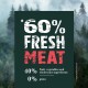 60% Fresh Meat, 40% fruit, vegetables and wholesome ingredients, 0% grain. Background features a misty forest.