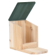 Holzbehälter für Haustierfutter mit grünem Deckel, teilweise geöffnet, der ein geräumiges Inneres zeigt.