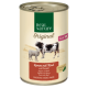 Blik huisdierenvoer gelabeld 'Real Nature Original' met lam en rundvlees, met afbeeldingen van een lam en een koe, en de tekst 'Adult' en 'Natürlich.'