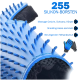 Blaue Silikonpflegehandschuh mit 255 Borsten, entworfen zum Massieren von Haustieren und zum Sammeln von Haaren. Der Text hebt seine Eigenschaften hervor.