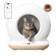 Eine moderne weiße Katzentoilette mit abgerundeter Form, mit einem strukturierten Innenraum und einem angeschlossenen Smartphone, das App-Steuerungen anzeigt.