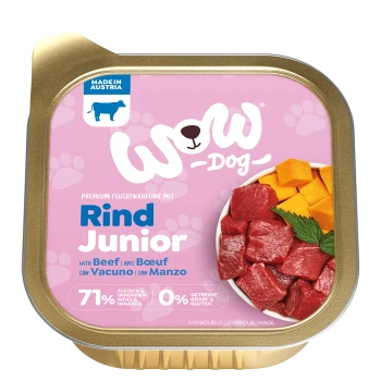Pink etikettiertes Wow Dog Junior Nassfutter für Hunde mit Rind, 71 % Fleisch und Innereien, getreide- und glutenfrei, hergestellt in Österreich.