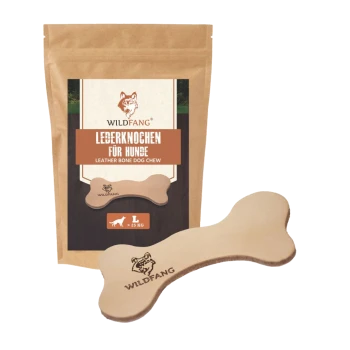 Leder-Hundekauenknochen vor einer braunen Verpackung mit der Aufschrift "LEDERKNOCHEN FÜR HUNDE" und "WILDFANG", geeignet für Hunde über 25 kg.