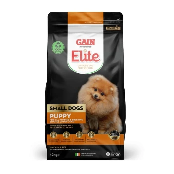 Gain Elite Complete Dog Nutrition puppy food for small dogs, featuring a Pomeranian on the front, 12kg, chicken & rice flavor.