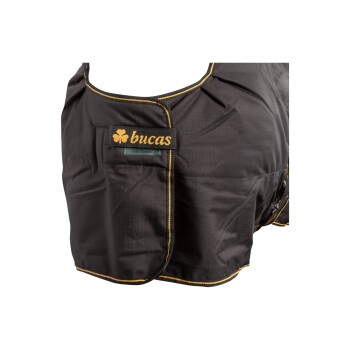 Schwarze Pferde-Decke mit gelben Nähten und einem Bucas-Logo auf der Vorderseite.