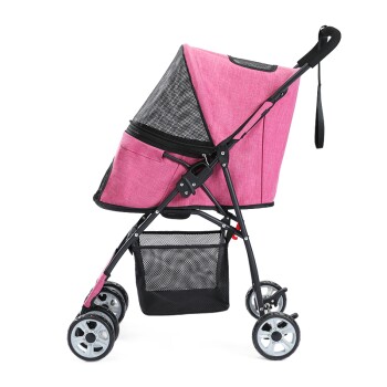 Rosa Haustierwagen mit einem Netzdach, schwarzem Rahmen und vier Rädern, mit einem unteren Stauraumkorb.