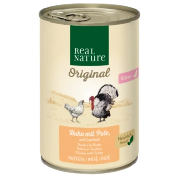 Dosen-Katzenfutter "Real Nature Original" für Kätzchen, mit Illustrationen von Truthahn und Huhn, mit dem Text "Huhn mit Pute, und Lachsöl."