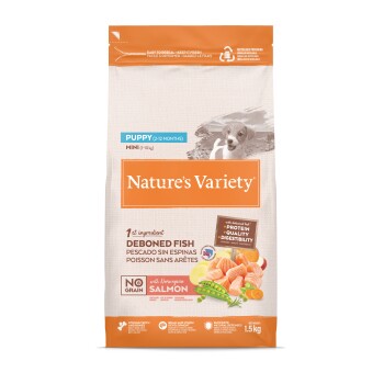 Sac Nature's Variety Puppy Mini — poisson désossé, sans céréales, saumon norvégien ; pour 2–12 mois, 1,5 kg.