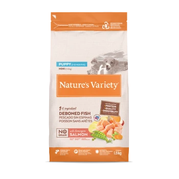 Sac Nature's Variety Puppy Mini — poisson désossé, sans céréales, saumon norvégien ; pour 2–12 mois, 1,5 kg.