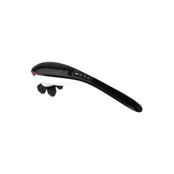 Ein schwarz-weißes Haustier-Massagerät mit einem gebogenen Griff und drei Massageknoten am Ende, mit Steuerungstasten an der Seite.