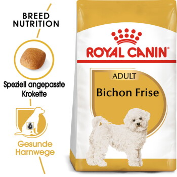 Royal Canin Bichon Frise Adult Hundefutterbeutel mit einem weißen Bichon Frise Hund, mit Text, der die Ernährungsbedürfnisse der Rasse und einen gesunden Harntrakt hervorhebt.