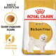 Royal Canin Bichon Frise Adult Hundefutterbeutel mit einem weißen Bichon Frise Hund, mit Text, der die Ernährungsbedürfnisse der Rasse und einen gesunden Harntrakt hervorhebt.