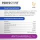 Verpackung für Haustierfutter "Perfect Fit Anti Hairball 1+" mit Huhn als Hauptzutat, mit detaillierter Zusammensetzung und Nährwertanalyse.