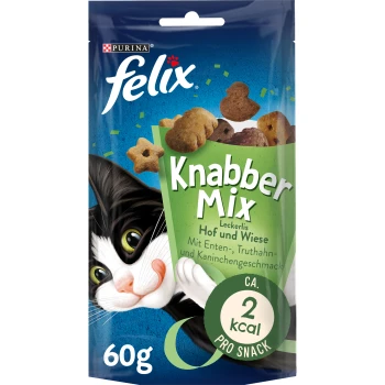 Die Verpackung von Felix Knabber Mix Katzenleckerlis zeigt eine verspielte schwarz-weiße Katze und hebt die Geschmacksrichtungen Ente, Truthahn und Kaninchen hervor. 60g, 2 kcal pro Stück.