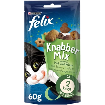 Die Verpackung von Felix Knabber Mix Katzenleckerlis zeigt eine verspielte schwarz-weiße Katze und hebt die Geschmacksrichtungen Ente, Truthahn und Kaninchen hervor. 60g, 2 kcal pro Stück.