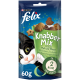 De verpakking van Felix Knabber Mix kattensnoepjes toont een speelse zwart-witte kat, met de smaken eend, kalkoen en konijn. 60g, 2 kcal elk.