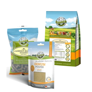 Drei BELIFOR Haustierfutterprodukte: "Landgut-Hund mit Insekten" Hundeleckerlis, "Immuns Pulver" Immunpulver und "Landgut-Schmaus" Premium-Hundefutter.