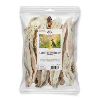 Kaninchenohren mit Fell 200g Natürliche getrocknete Kaninchenohren in einer durchsichtigen Tüte, mit der Aufschrift "Kaninchenohren," 200g, mit einem Foto eines Kaninchens auf der Vorderseite.