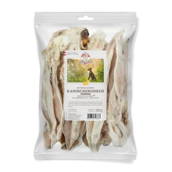 Naturalne suszone uszy królicze w przezroczystej torbie, oznaczone 'Kaninchenohren', 200 g, z zdjęciem królika z przodu.