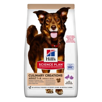 Hundefutterbeutel mit einem glücklichen braunen Hund, beschriftet mit "Hill's Science Plan Culinary Creations," für erwachsene Hunde (11-25 kg) mit Ente & Kartoffeln.
