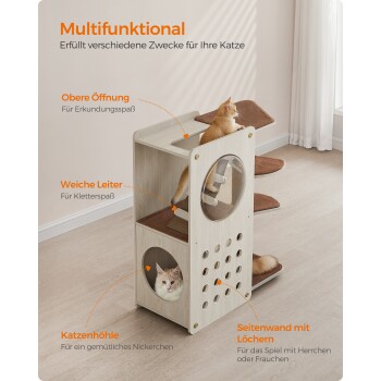 Multifunktionaler Katzenbaum mit einer weichen Leiter, einem Erkundungsöffnungs, einer gemütlichen Katzenhöhle und einer verspielten Seitenwand, mit zwei Katzen.