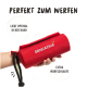 Rotes Wurfspielzeug in der Hand, 18 cm x 7 cm, mit "RudelKönig"-Logo und dem Text "Perfekt zum Werfen" und "Extra Wurfschlaufe."