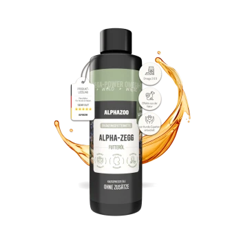 Flasche ALPHA-ZEGG Hundefutteröl, mit einem Pfotenabdruckdesign, mit Etiketten, die Omega 3 & 6 und eine 5-Sterne-Bewertung anzeigen.