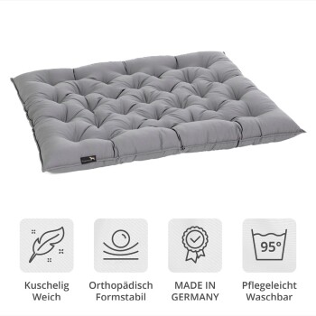 Graues Haustierbett mit gepolstertem Design, mit Symbolen für Weichheit, orthopädische Unterstützung, hergestellt in Deutschland und einfachem Waschen bei 95°C.