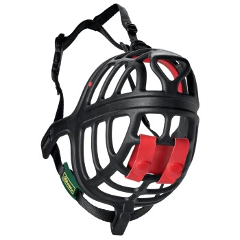 Schwarze und rote Hundemaske mit einem atmungsaktiven Design und verstellbaren Riemen, ideal für die Sicherheit des Haustiers während der Spaziergänge.