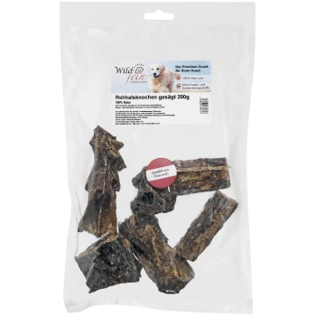 Packung mit "Rehhalsknochen" (Hirschhalsknochen) Hundeleckerlis, 200g, gekennzeichnet als 100% natürlich, mit einem roten Qualitätssiegel, das "Qualität aus Österreich" besagt.