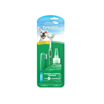 TropiClean Fresh Breath dog dental kit packaging with toothbrush, gel bottle and finger brush; reads "Plaque & Tartar Control" and "minty fresh"