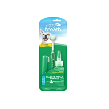TropiClean Fresh Breath dog dental kit packaging with toothbrush, gel bottle and finger brush; reads "Plaque & Tartar Control" and "minty fresh"