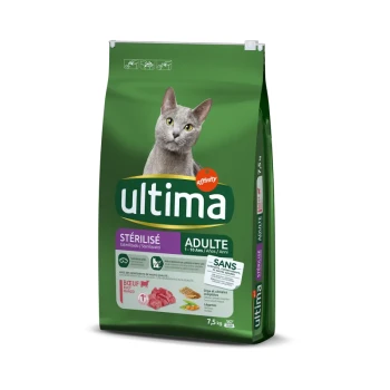 Stérilisé Adulte avec du Bœuf 7,5 kg Sac vert de nourriture pour chat Ultima pour chats adultes stérilisés, 7,5 kg, avec un chat gris sur le devant et des détails sur les ingrédients.