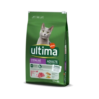 Sac vert de nourriture pour chat Ultima pour chats adultes stérilisés, 7,5 kg, avec un chat gris sur le devant et des détails sur les ingrédients.
