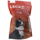 Sac rouge de nourriture pour chiens LECKY Mini-Light avec un chien noir et blanc aux yeux bleus sur le devant, montrant des croquettes à travers une fenêtre transparente.