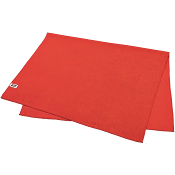 Rote Haustierdecke flach ausgelegt, mit einer weichen Textur und einem kleinen Markenetikett in der Ecke.