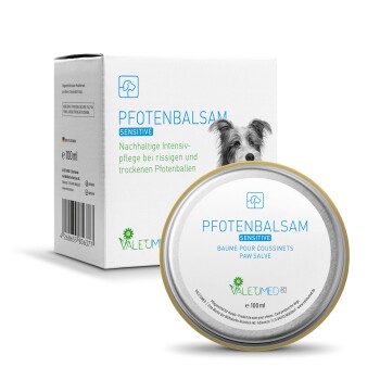 Dose "Pfotenbalsam Sensitive" für Hunde, 100 ml, mit einer Box, die das Gesicht eines Hundes und Pflegeanweisungen auf Deutsch und Französisch zeigt.