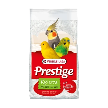 Beutel mit Versele-Laga Prestige Kristal Vogelsand, mit drei bunten Vögeln auf der Vorderseite, mit Text, der "15% Schale - mit Anis" hervorhebt.