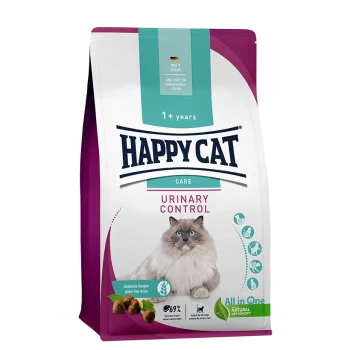Happy Cat Urinary Control Katzenfutterbeutel mit einer flauschigen Katze auf der Vorderseite, gekennzeichnet für Katzen ab 1 Jahr, glutenfreies Rezept und hergestellt in Deutschland.